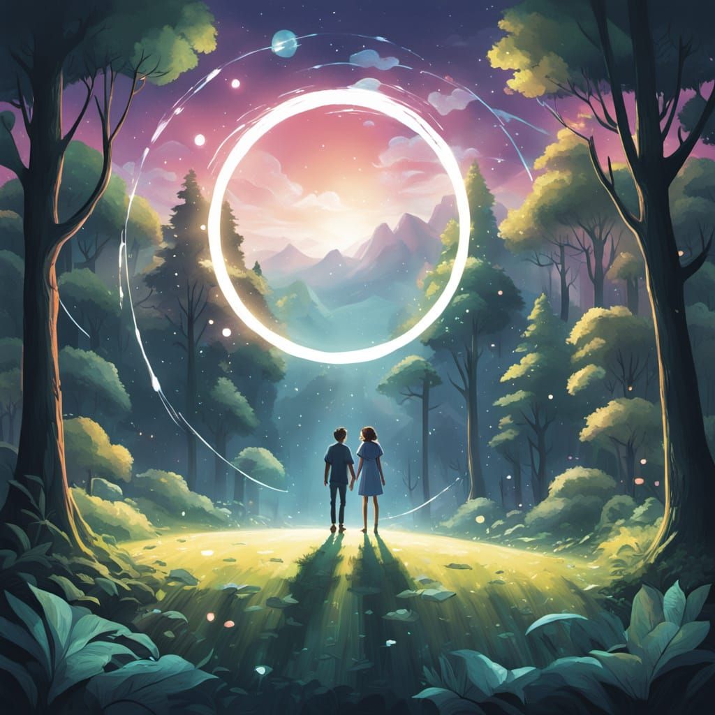 Neon Children Dancing in Sunny Forest Glade