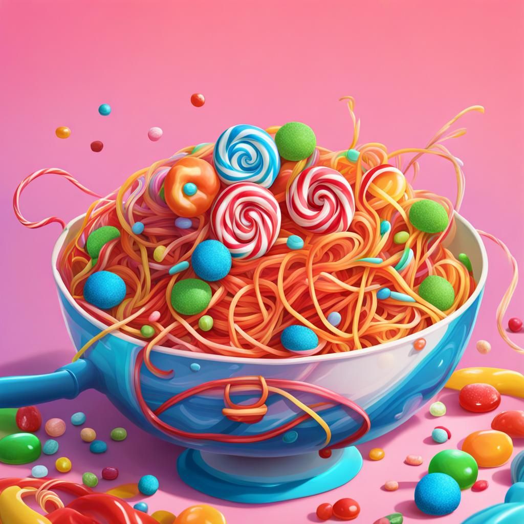 Candy Spaghetti in Hyperrealistic Digital Illustration Style