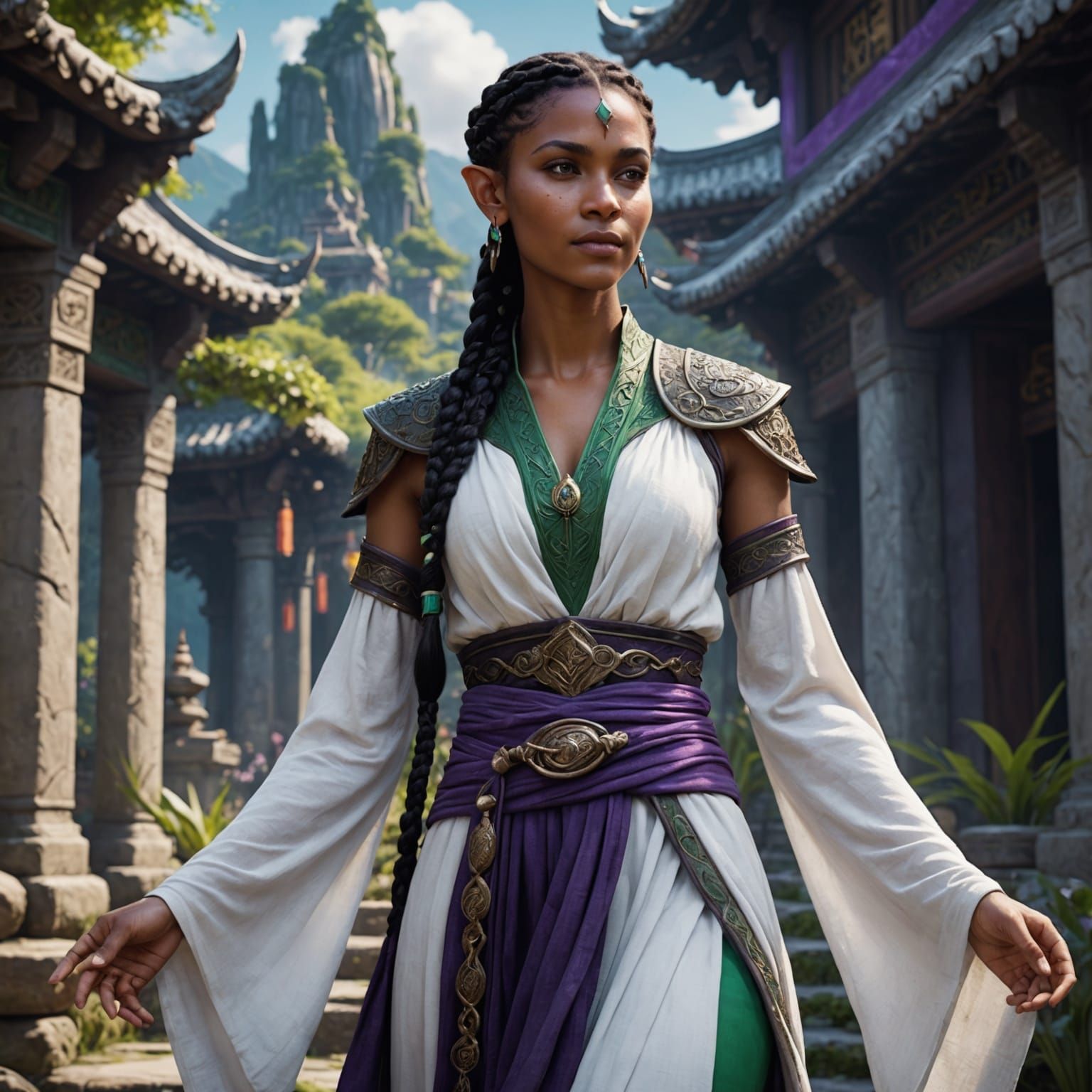 Ethereal Half-Elf Monk in Vibrant Fantasy Attire