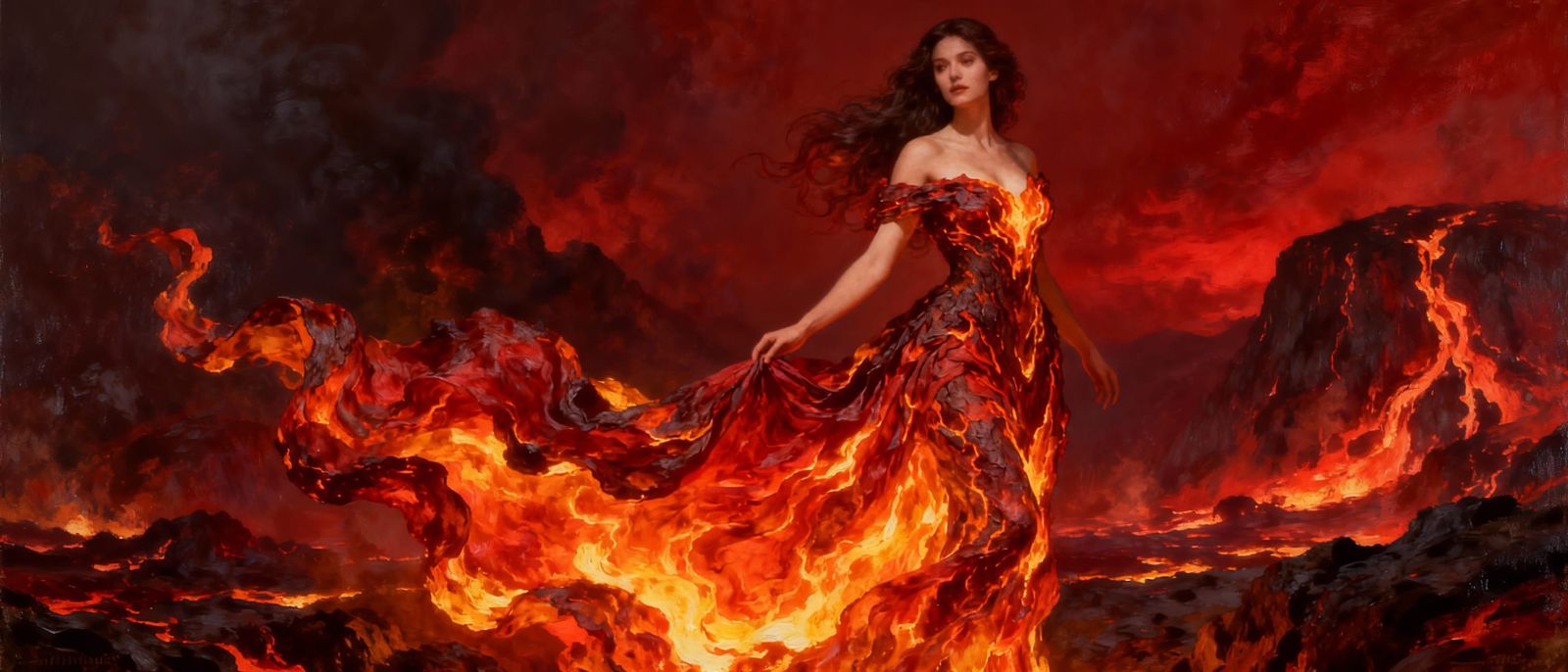 Striking Woman in Fiery Lava Dress