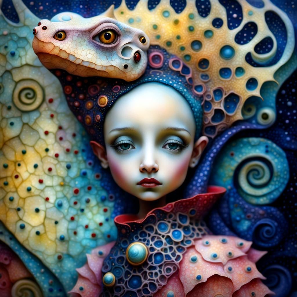 Surreal Toddler with Alien Lizard Head in Postmodern Art