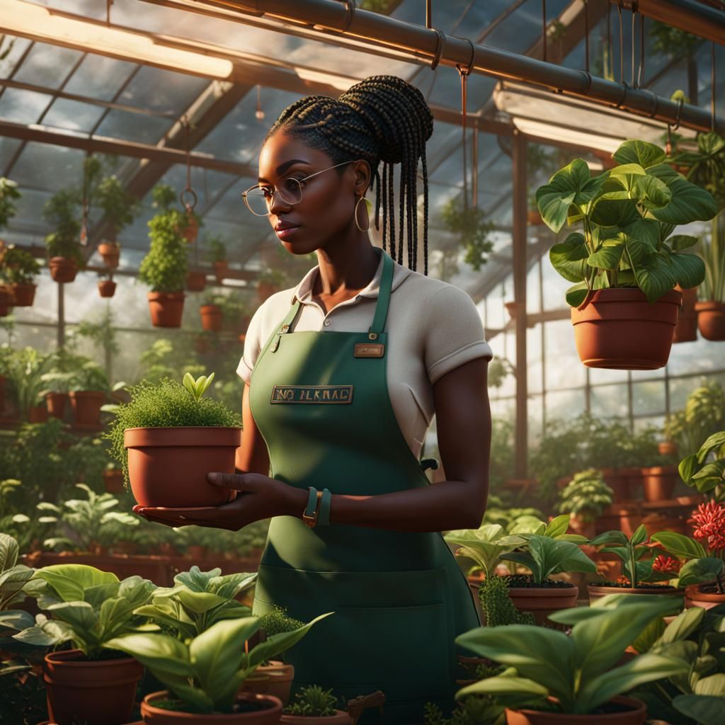 Greenhouse Gardener in Detailed Matte Painting Style