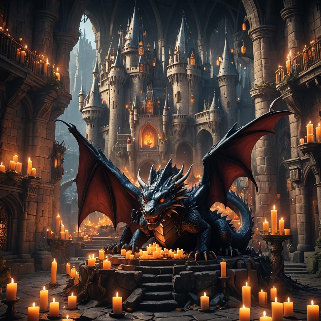 Fantasy Dragon in Candlelit Castle: Matte Painting