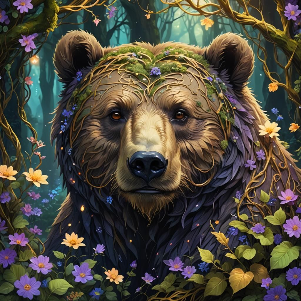 Mystical Forest Bear with Glowing Vines