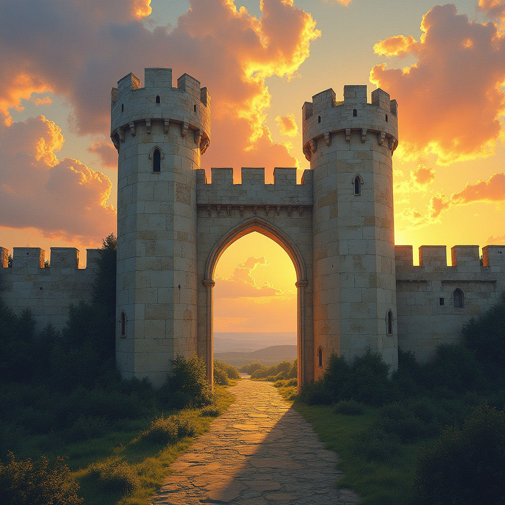 Majestic Castle Facade at Sunset