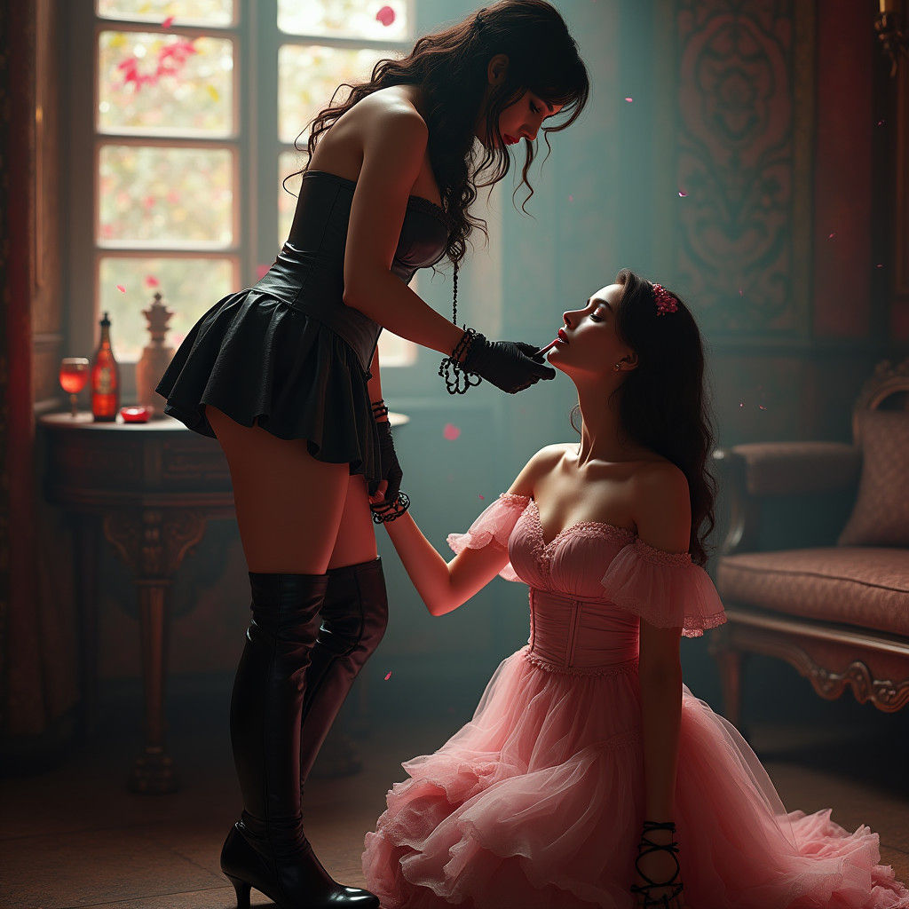 Dominant Mistress Applying Lipstick, Matte Painting Style