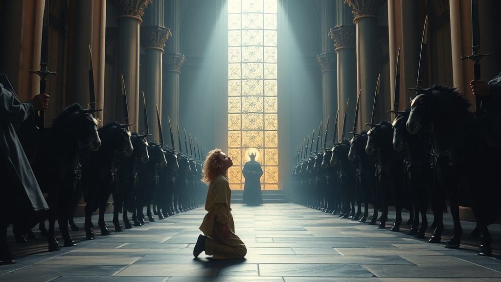 Young Hero Confronts Dark Lord in Haunting Cathedral Scene