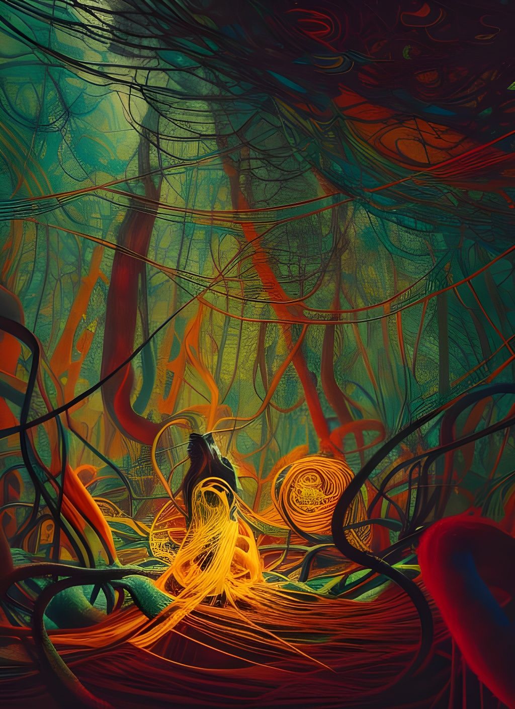 Psychedelic Yarn Forest of Madness in Expressionism Style