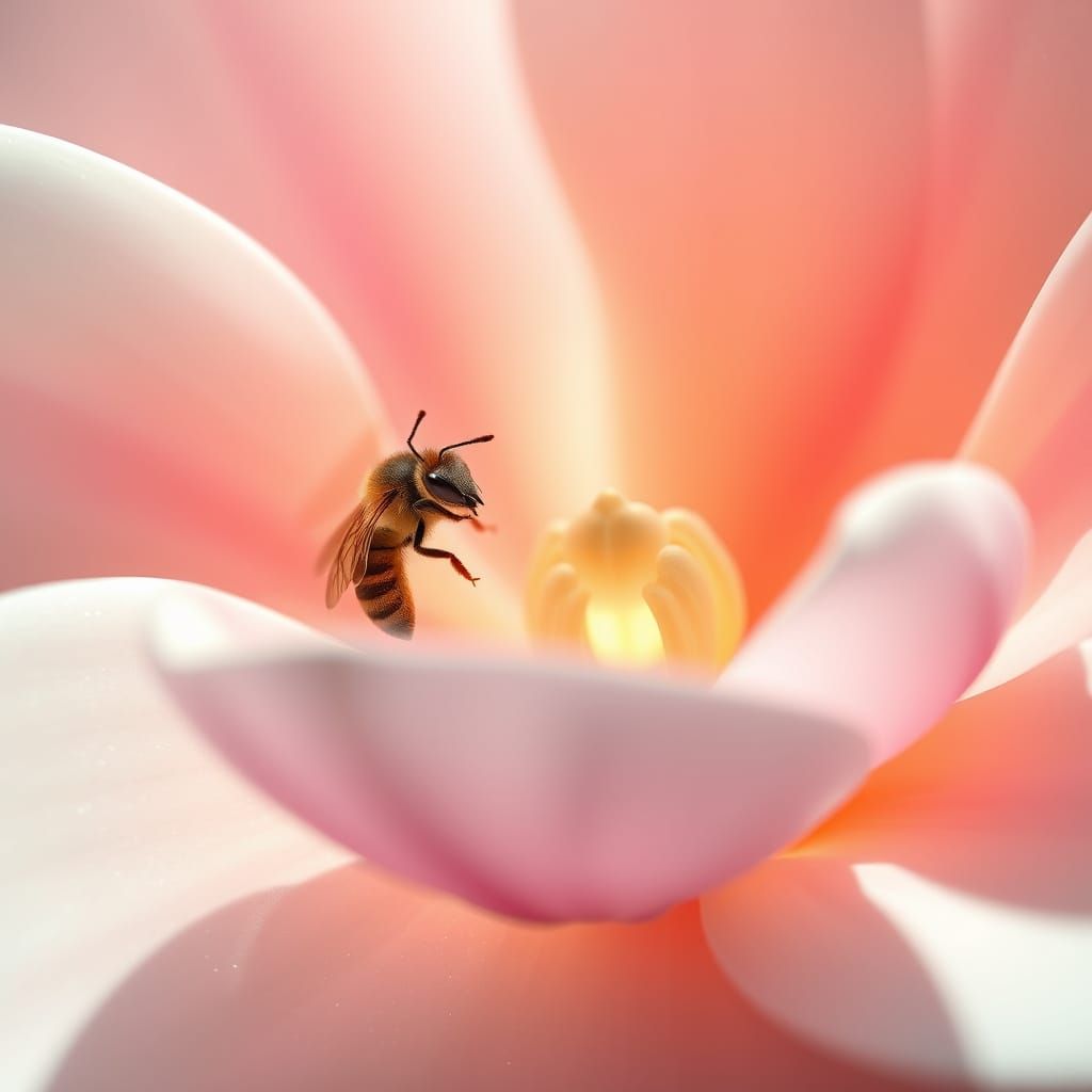 Vibrant Magnolia Bloom with Emerging Bee in Oil-Painted Effe...