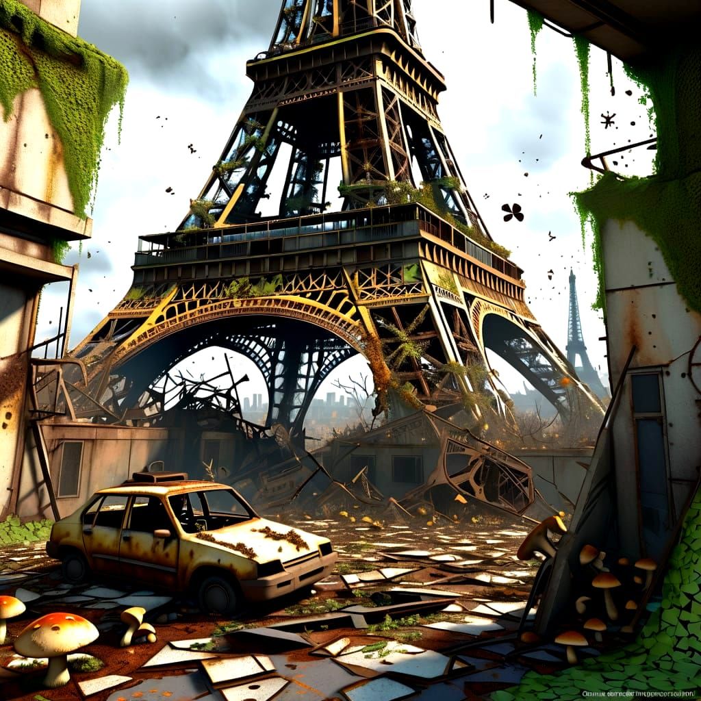 Post-Apocalyptic Eiffel Tower Ruined and Overgrown