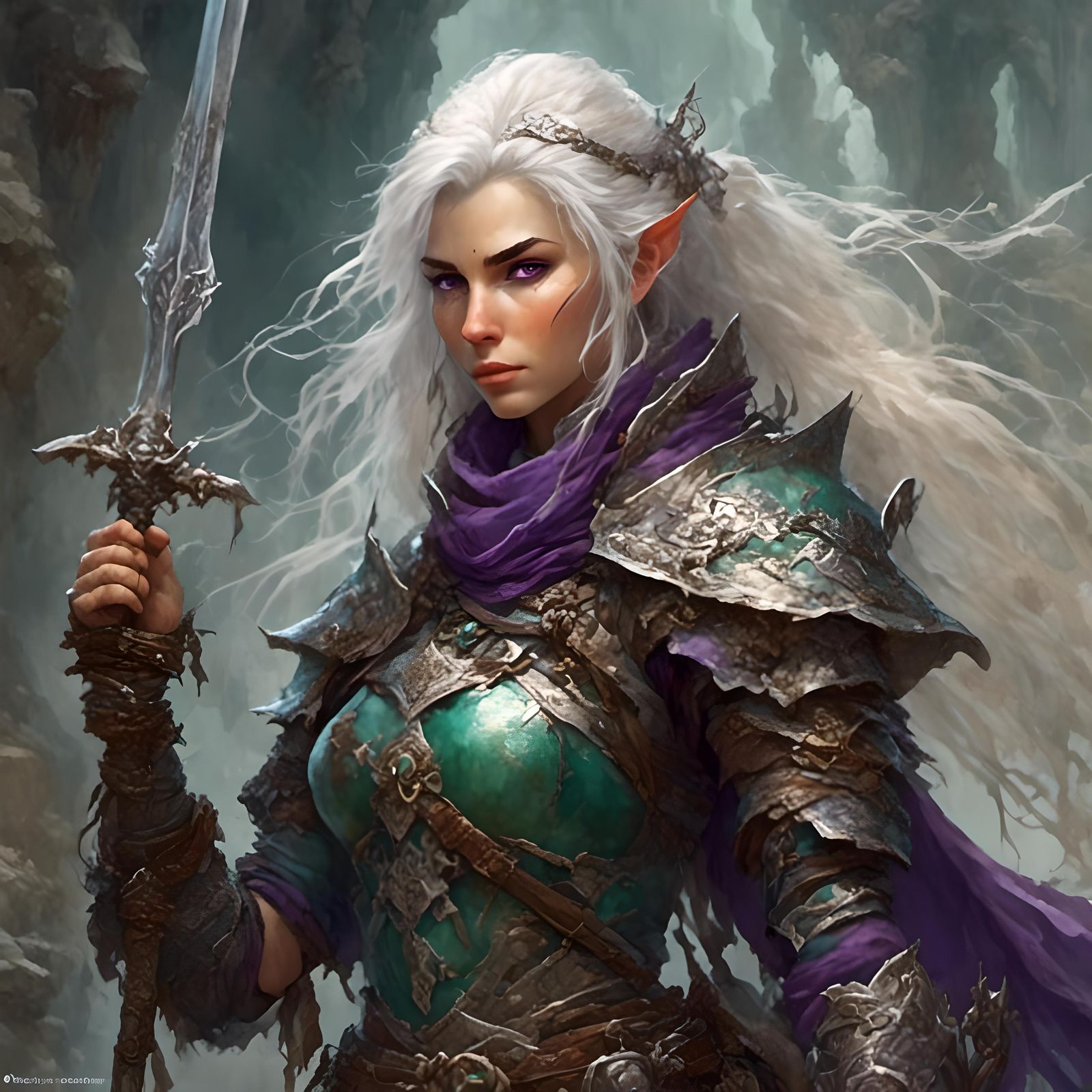 the picture of <lora:Char Design SDXL:1.0>a woman elf ranger, she wields a rapier. she has white hair and purple eyes. t...
