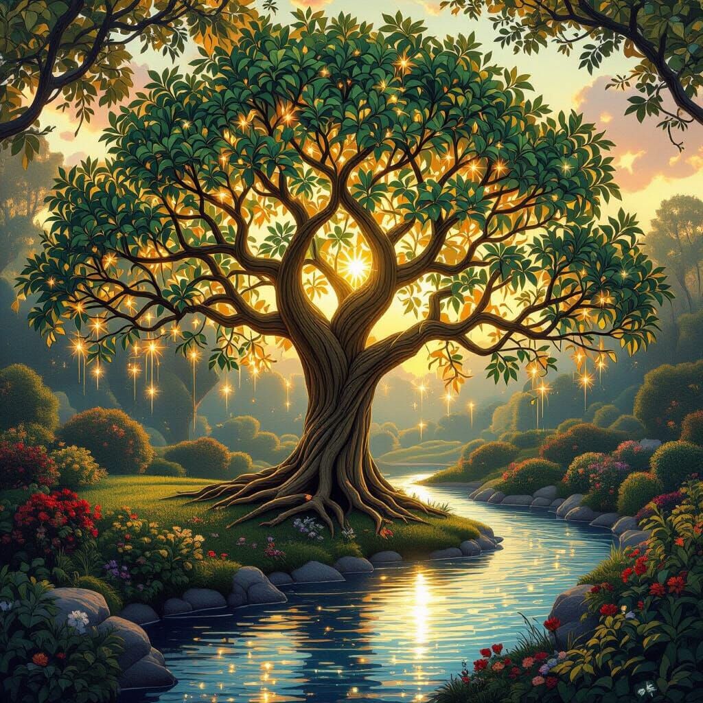 Tree of Life in Golden Garden with Shimmering River