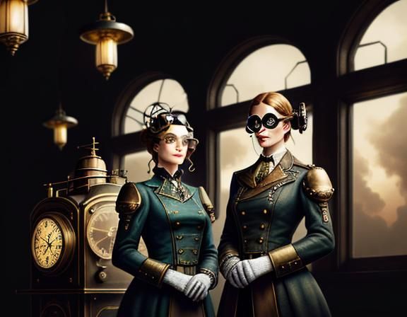 Steampunk Twins Inside Time Machine: Cinematic Concept Art