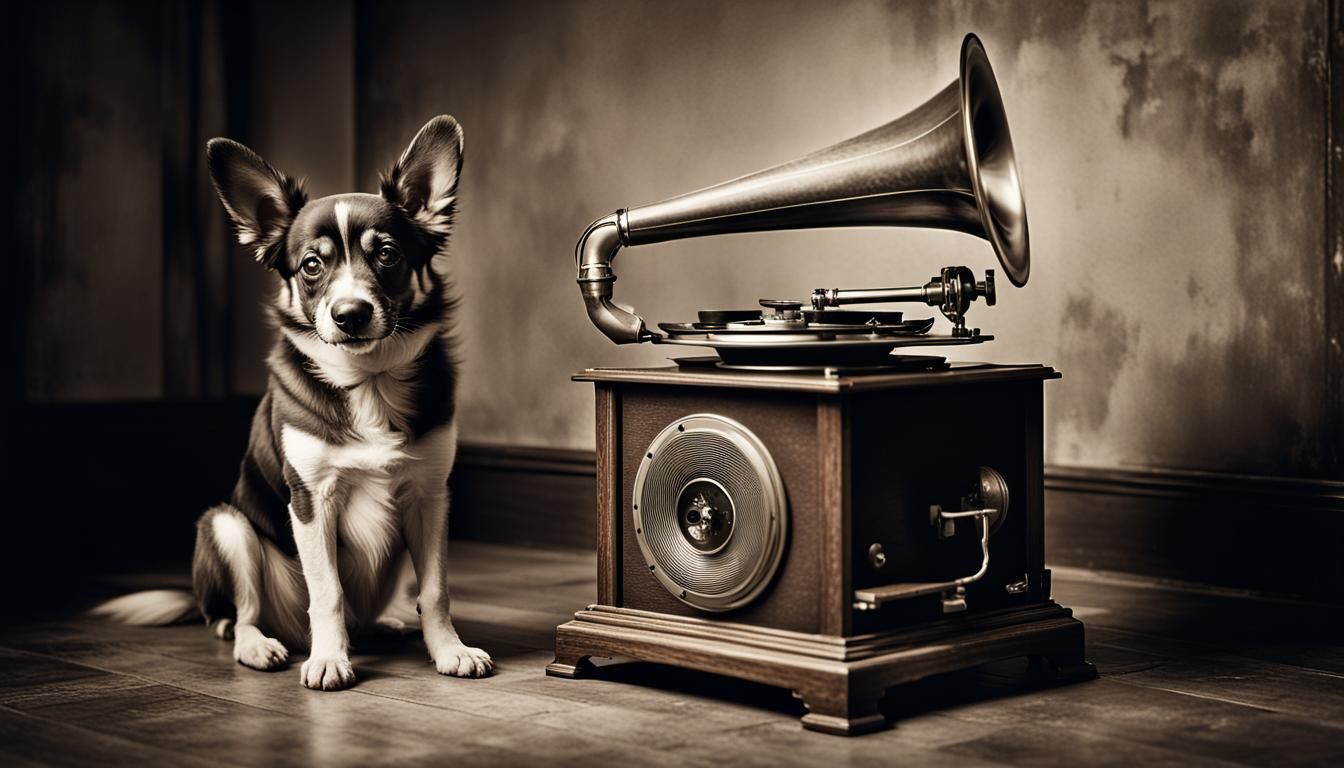 Sepia Portrait of Dog with Antique Gramophone