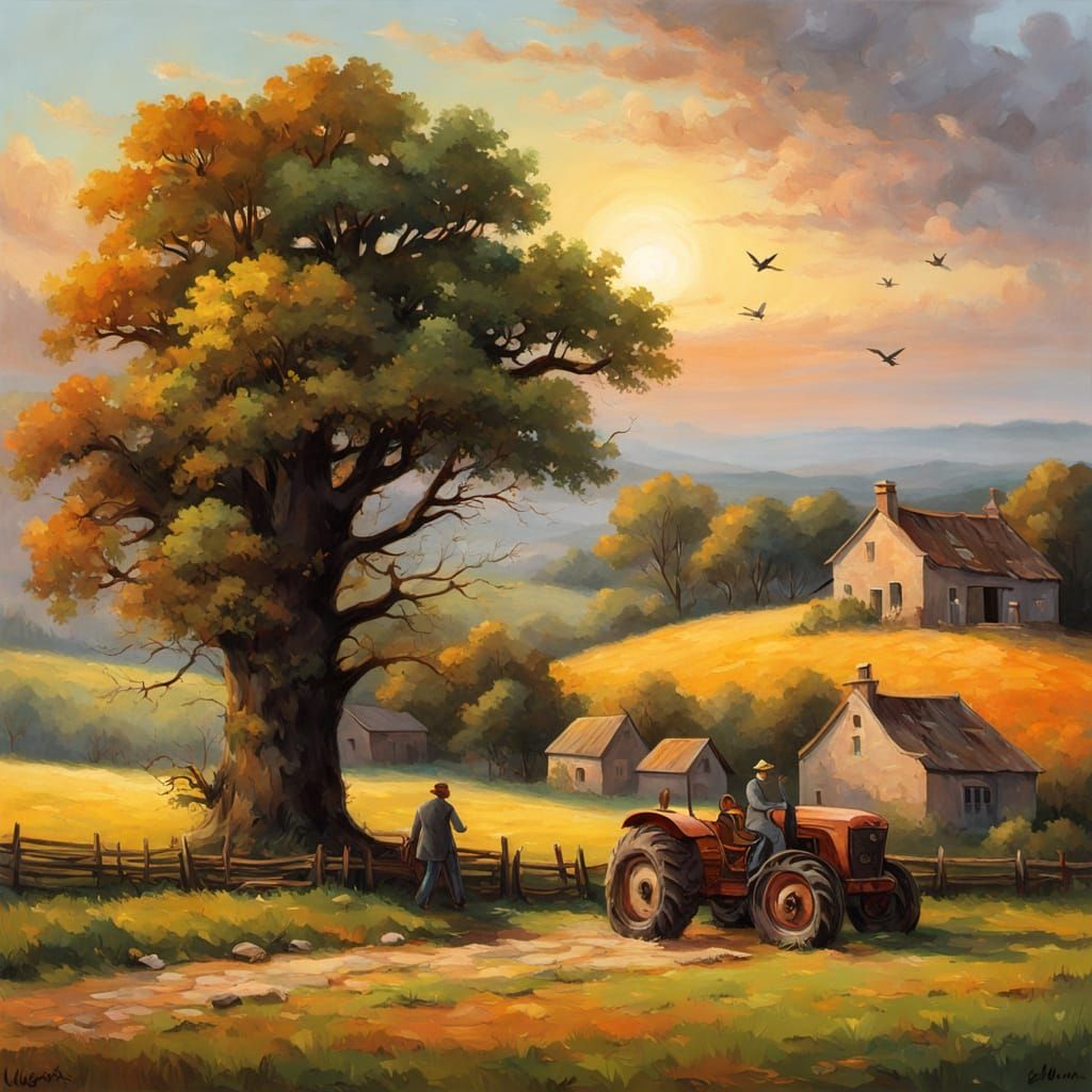 Oil Painting of Peasant in Tractor, English Countryside