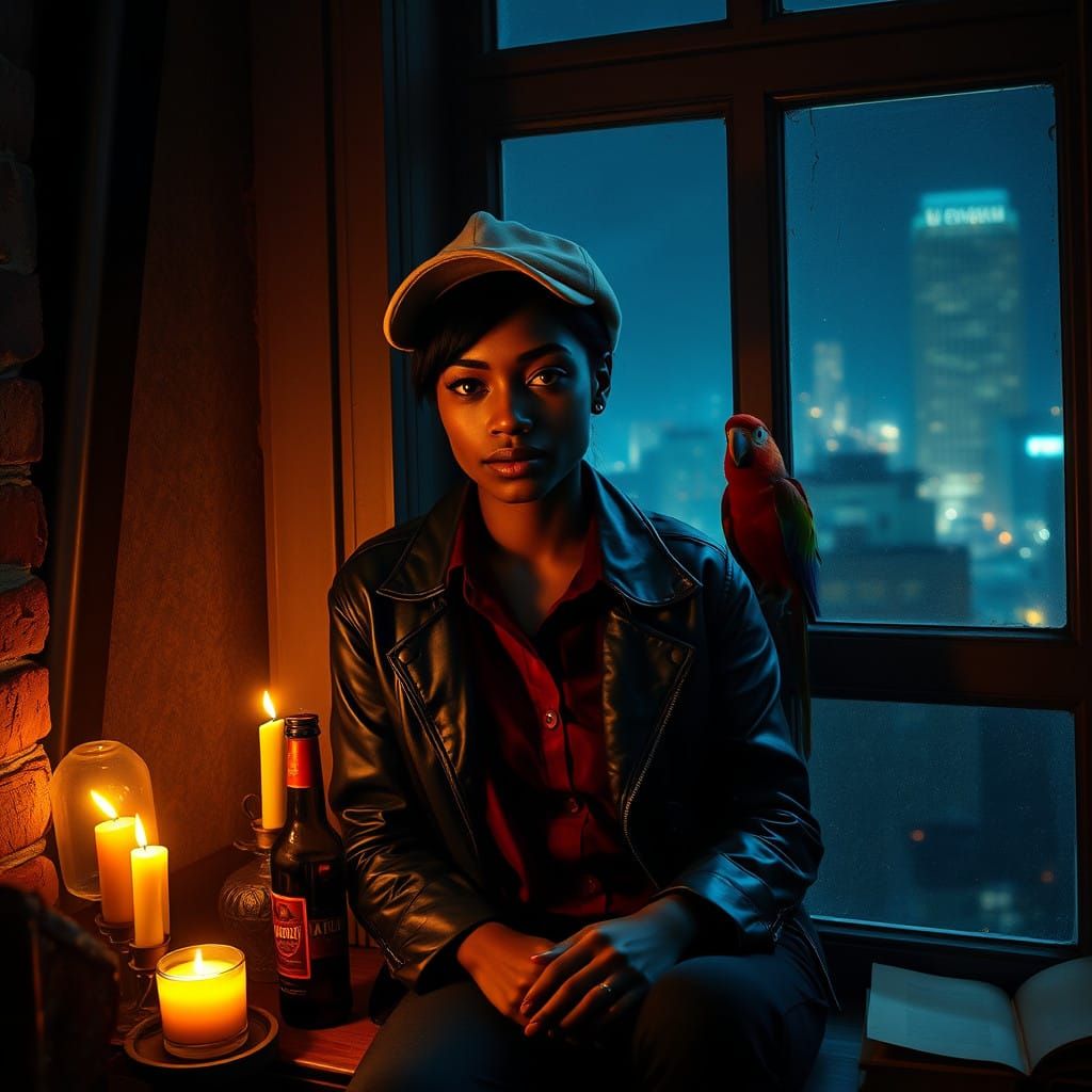 Inside of her dark gritty urban apartment room, a headshot of a black woman sitting with her parrot at night.