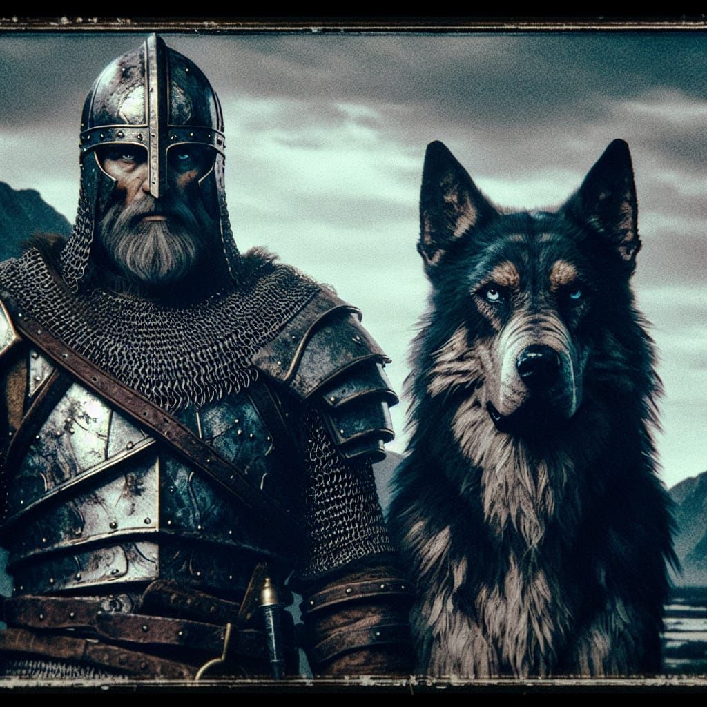 Valiant Saint Aric and Fenrir in Medieval Landscape