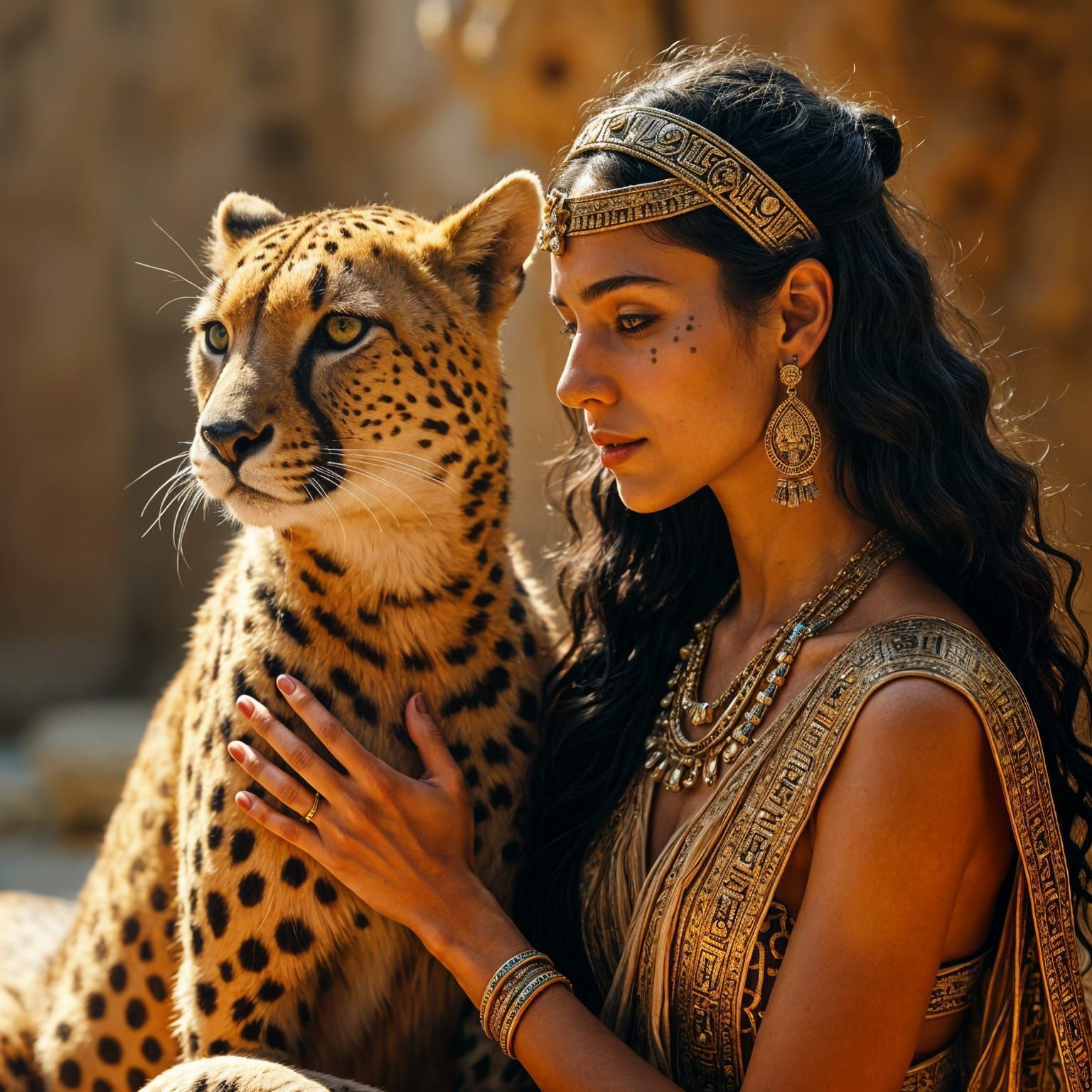 Egyptian Woman with Cheetah in Cinematic Lighting