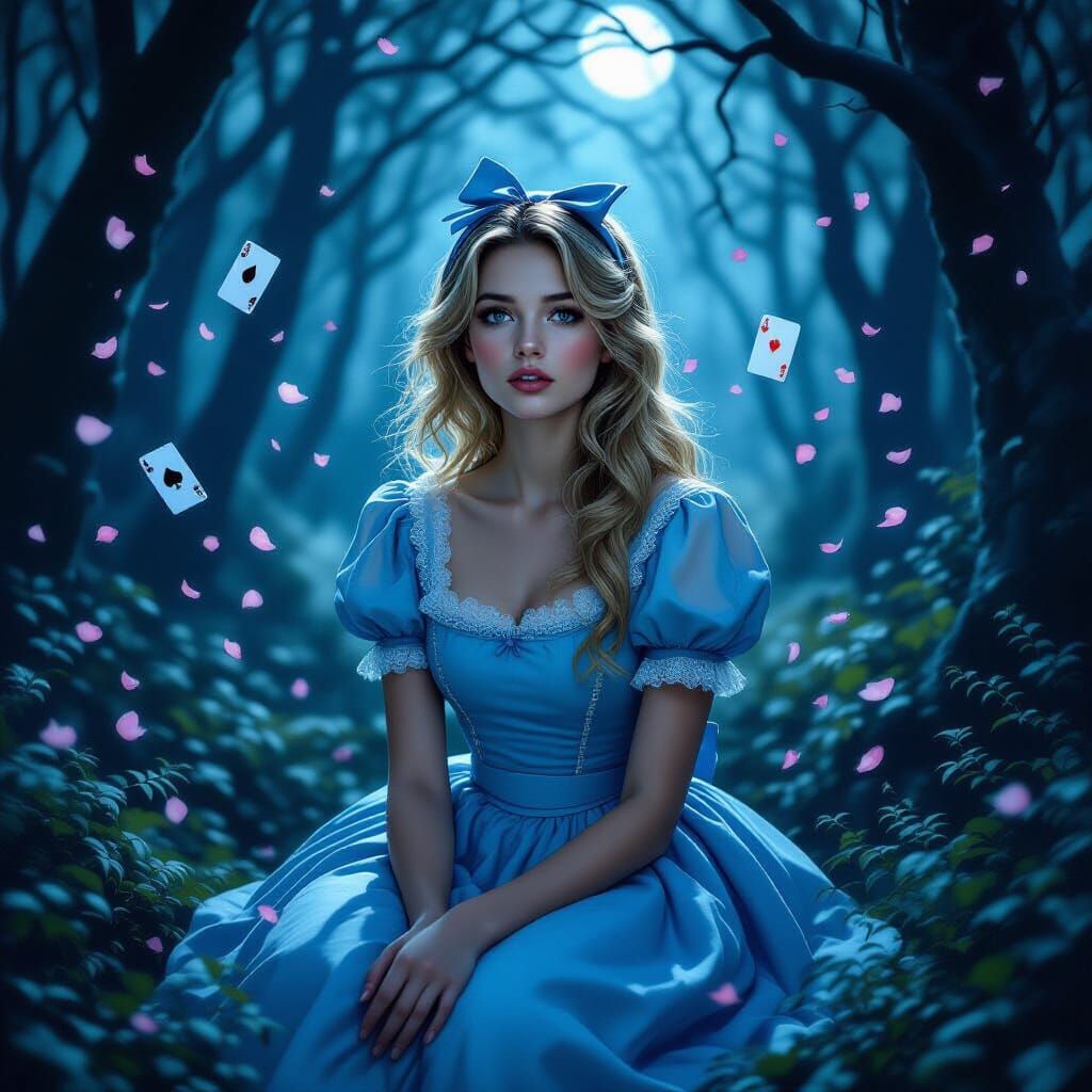 Melancholic Alice in a Moonlit Wonderland Forest