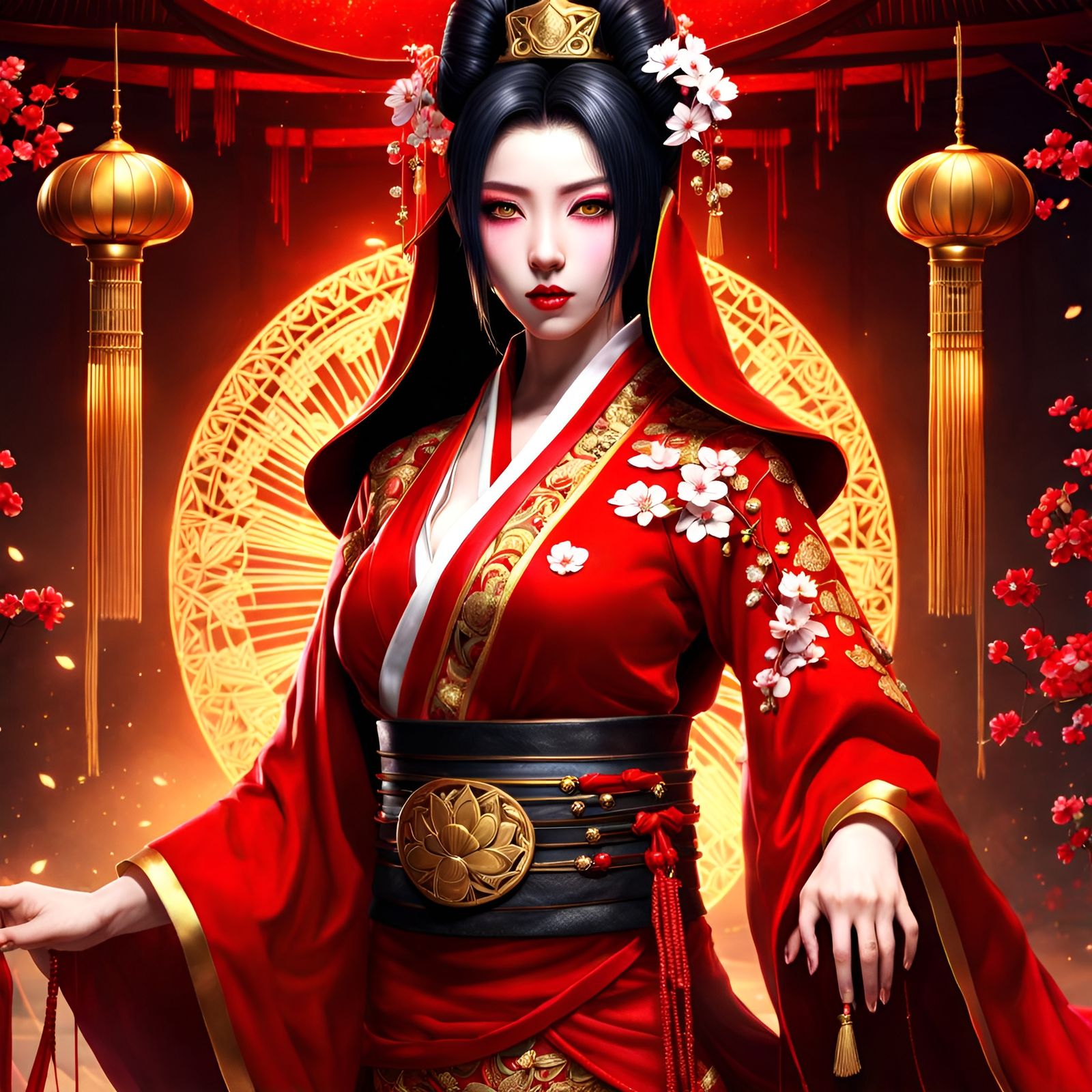 Gothic Geisha Mistress in Red with Golden Petals