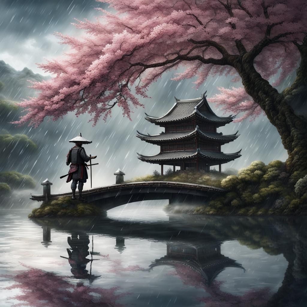 Samurai Under Cherry Blossom Tree in Rain