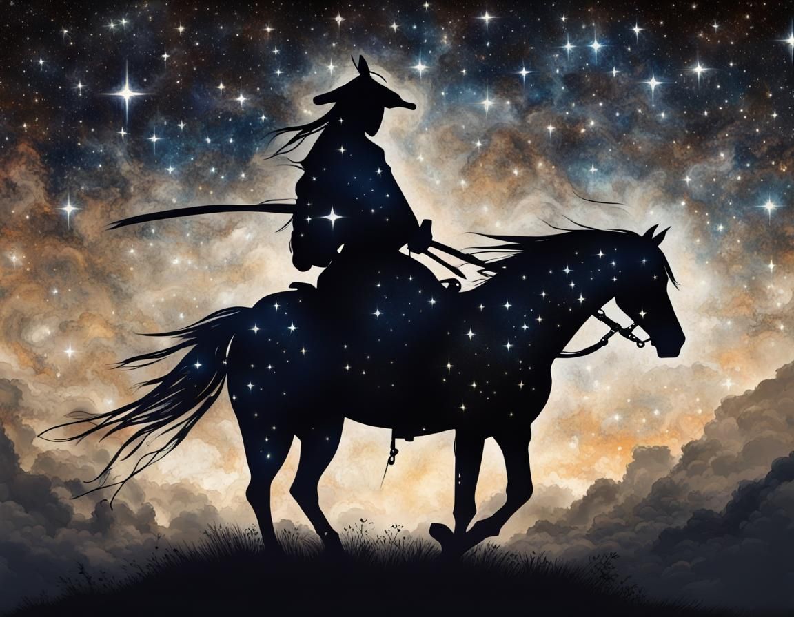 Samurai Silhouette on Horseback in Starry Fantasy