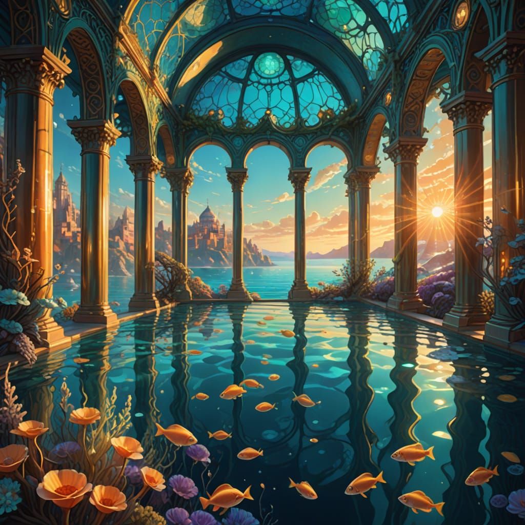 Underwater Coral City with Merfolk, Art Nouveau Style