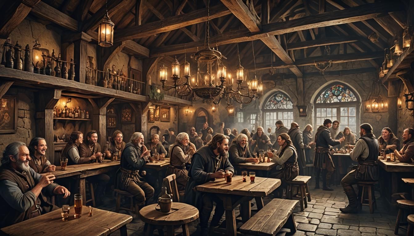 People Enjoying Drinks in Medieval Tavern