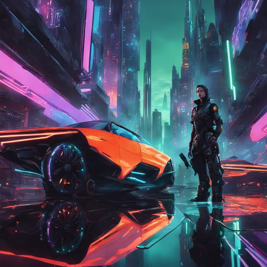 Sleek Futuristic Robot Goddess in Cyberpunk Cityscape