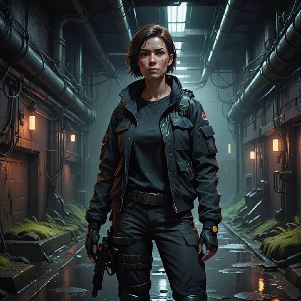 Rugged Futuristic Warrior in Dimly Lit Sewer Tunnel