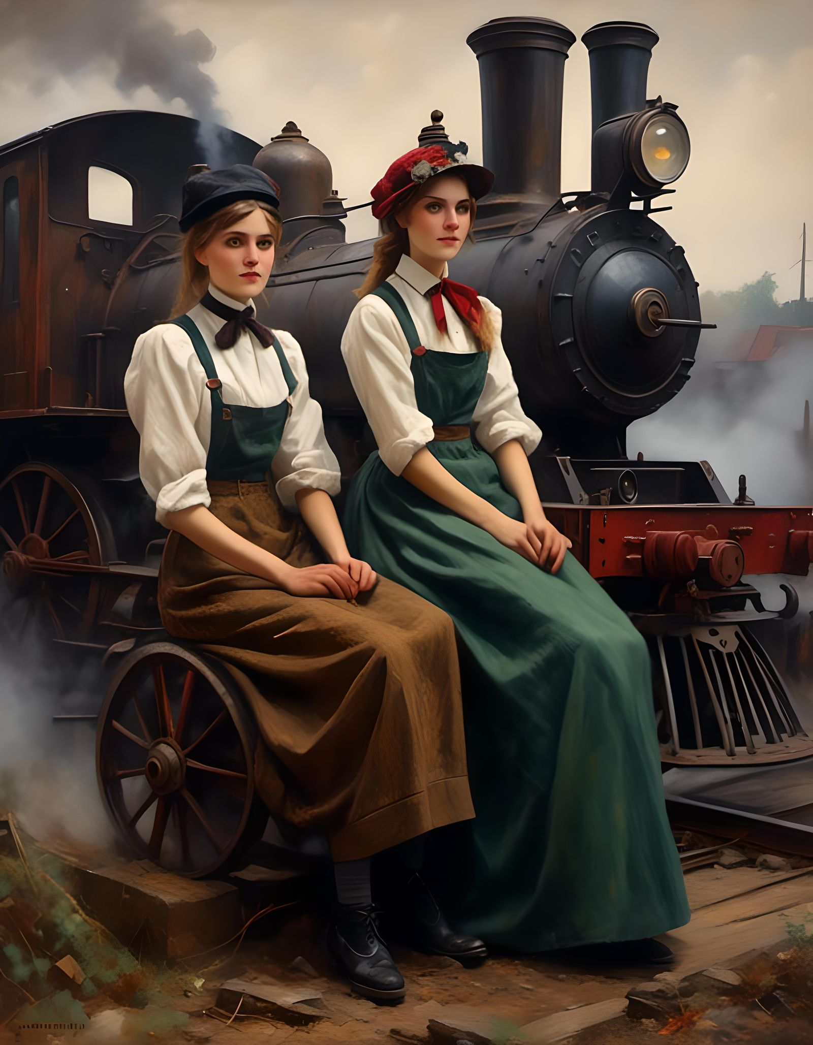 Victorian Women and Engineer with Old Steam Locomotive