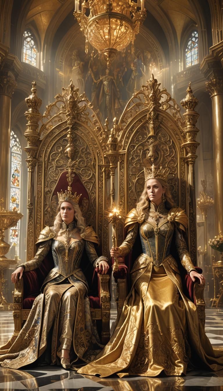 Queen and Princess on Golden Throne: Fantasy Concept Art