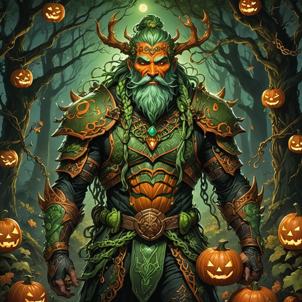 Druid in Pumpkin Armor with Bioluminescent Details
