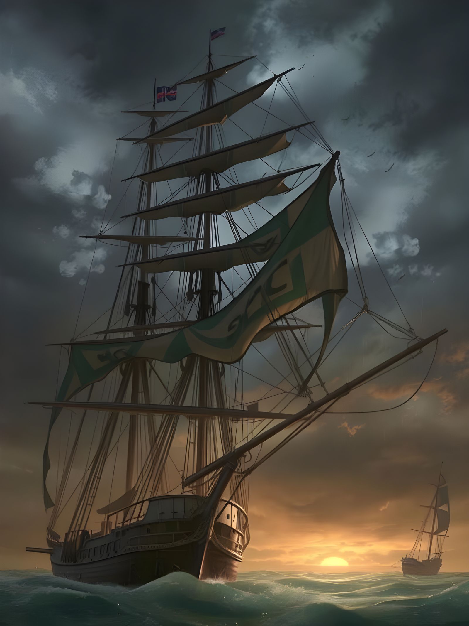 Battle Sailship in Storm: Hyperreal Digital Painting