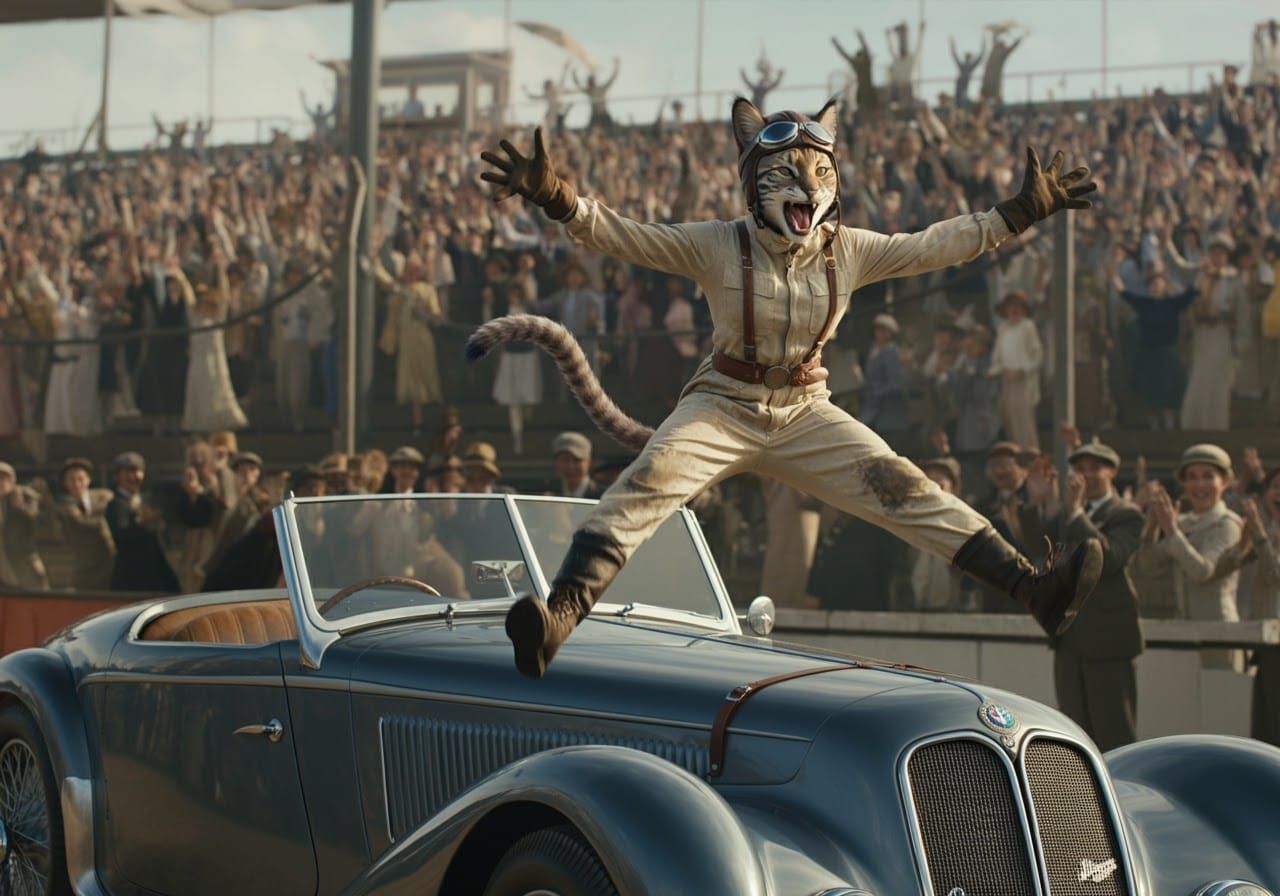 Victorious Feline Racer Jumps for Joy in Vintage Scene