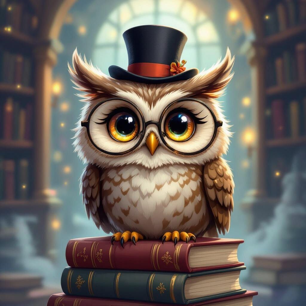 Wise Owl in Top Hat Perched on Books