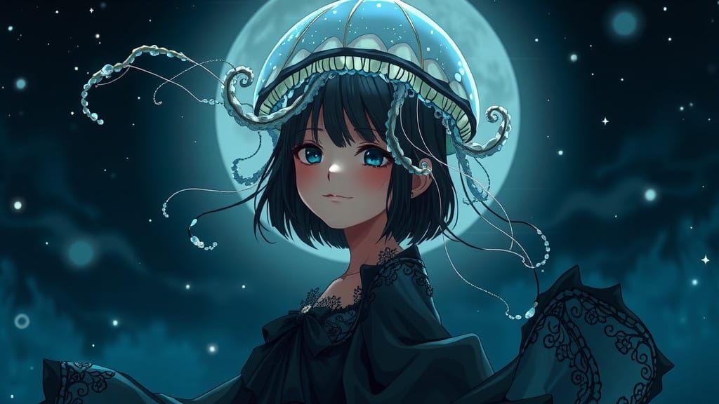 Mysterious Girl in Delicate Jellyfish Hat, Anime Art