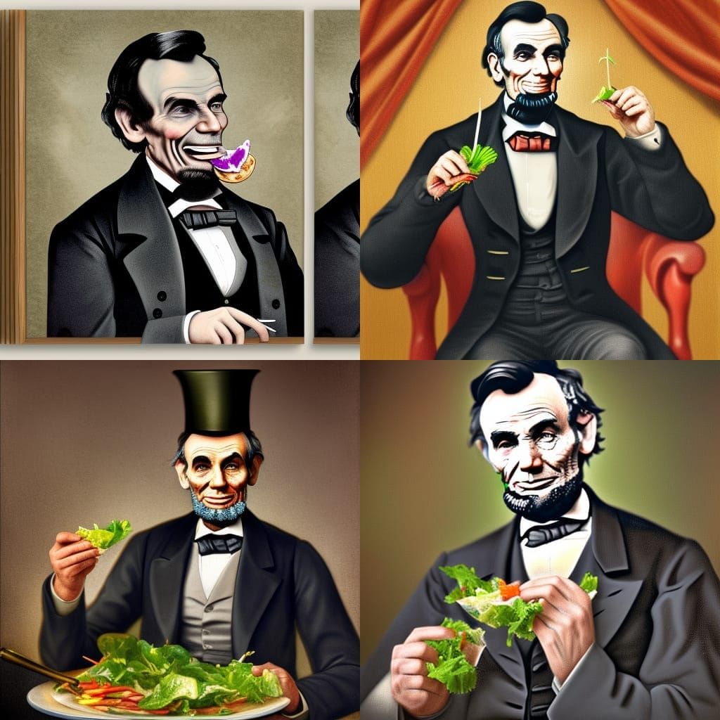 Hyperrealistic Abraham Lincoln Laughing Eating Salad