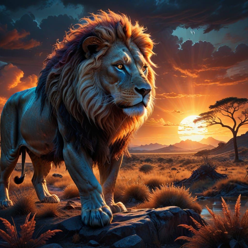 Majestic Lion on Alien Savanna Under Binary Sunset