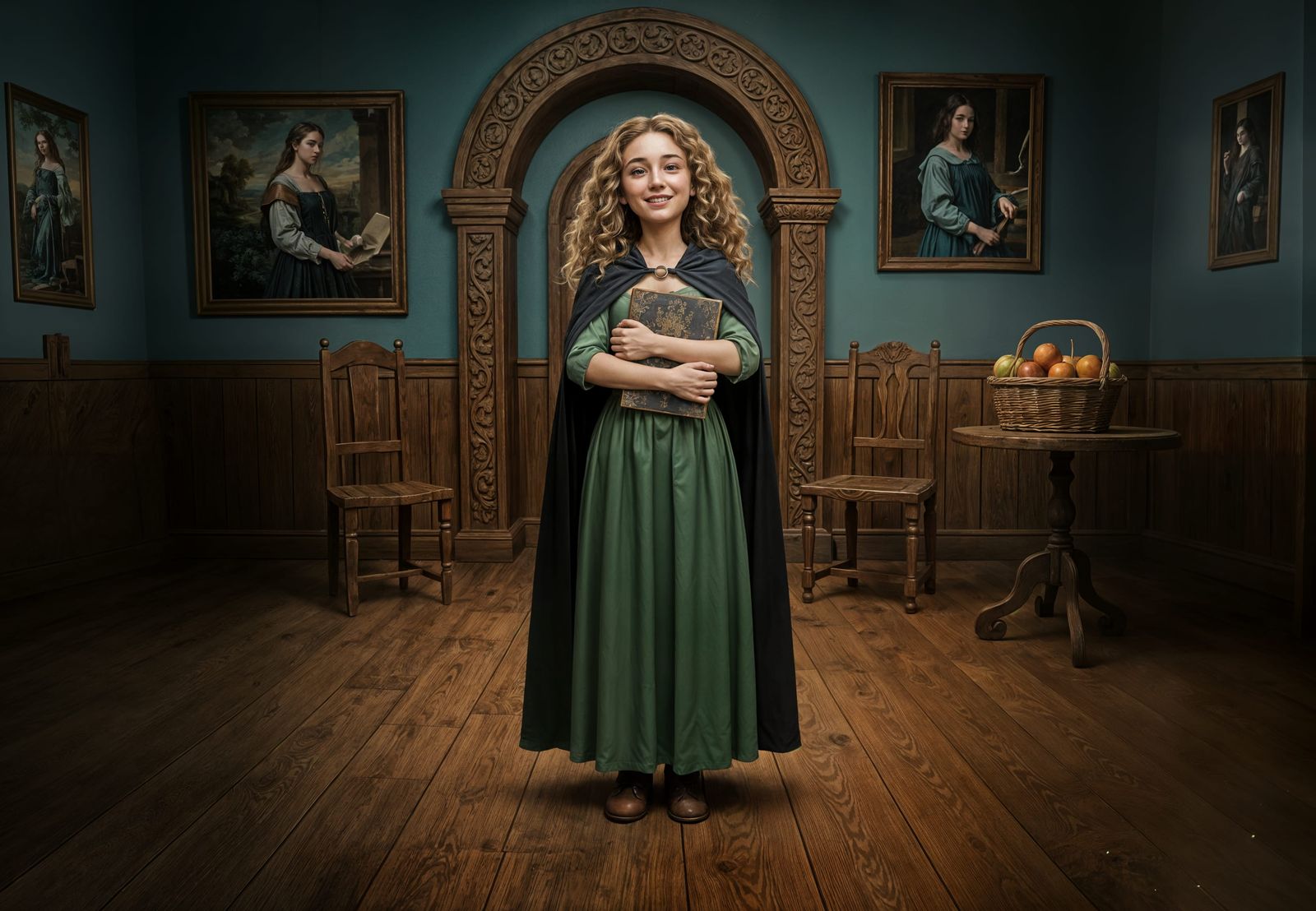 Photorealistic Wizard Woman with Spellbook in Cozy Room