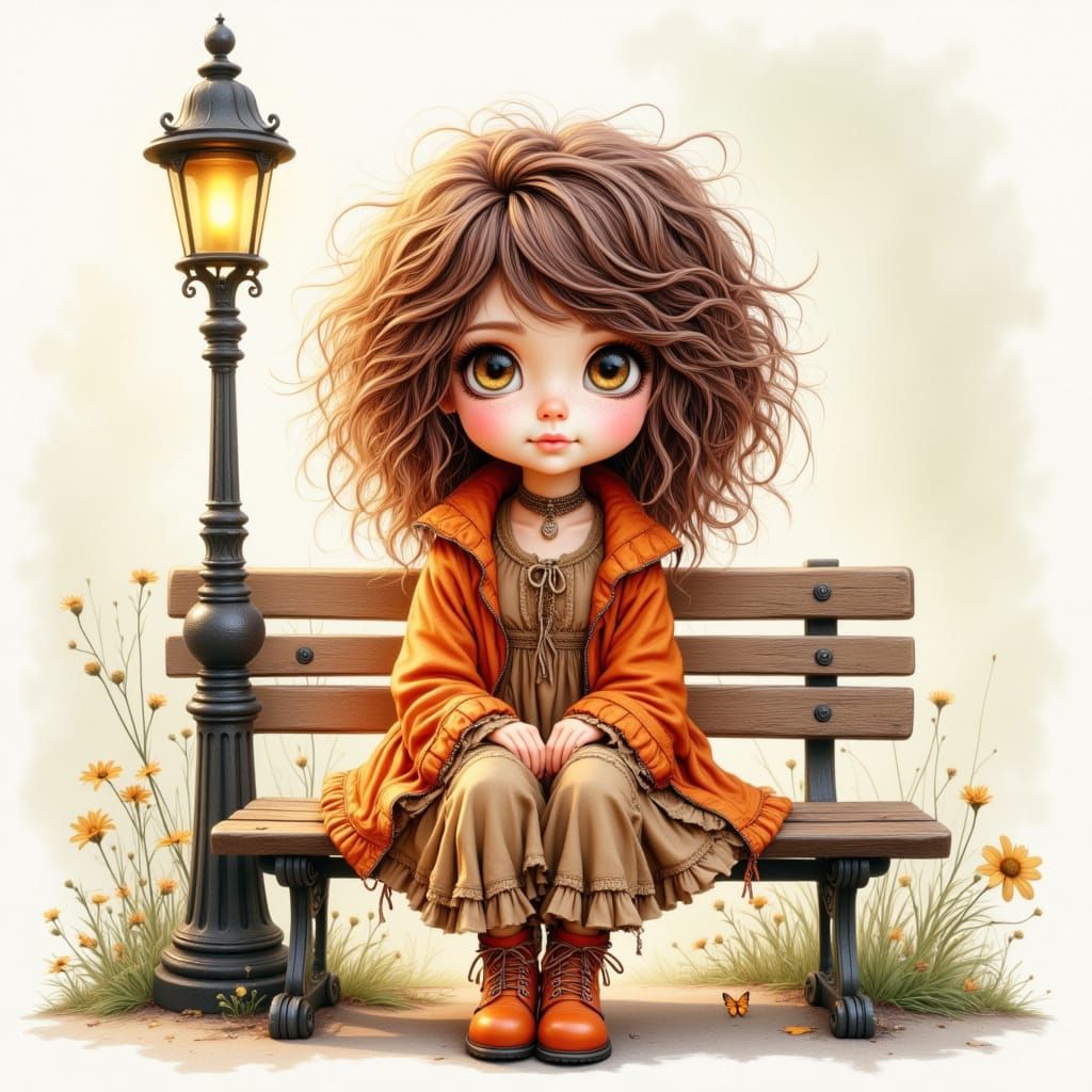 Toddler in Tangerine Jacket on Park Bench Watercolor Sketch