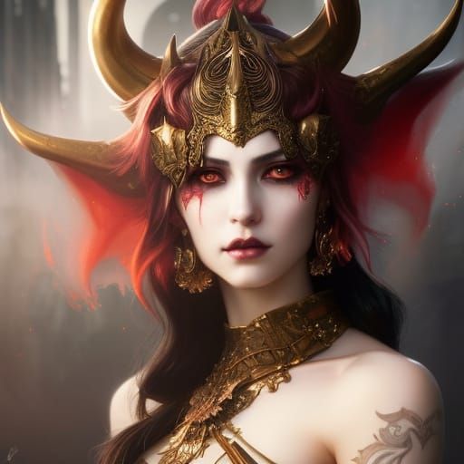 Beautiful Demon Girl Portrait in Hyperdetailed Style