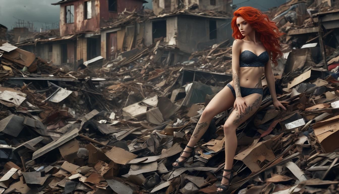Red-Haired Woman Climbing Through Waste in Cinematic Style