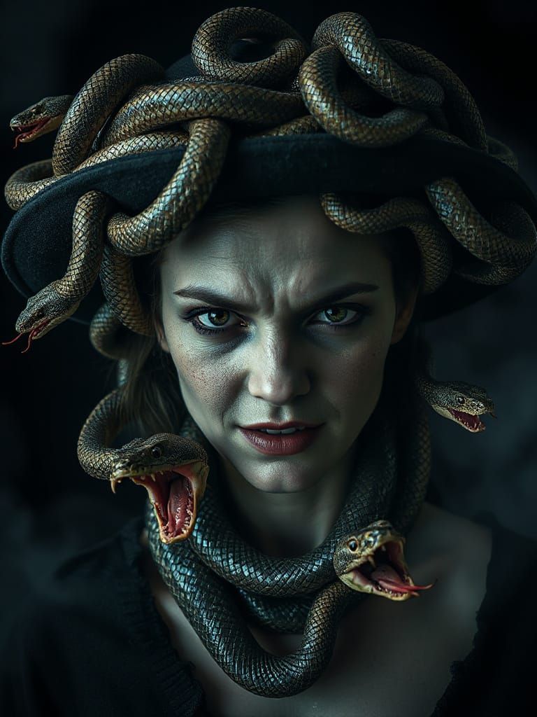 Woman With Living Snake Hat in Cinematic Horror Style