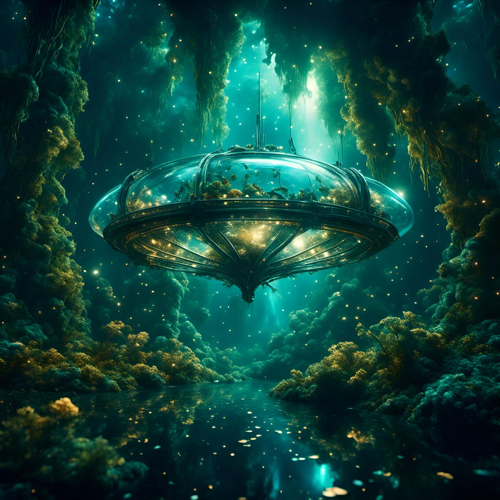 Spaceship Journey Through a Kelp Forest in Space