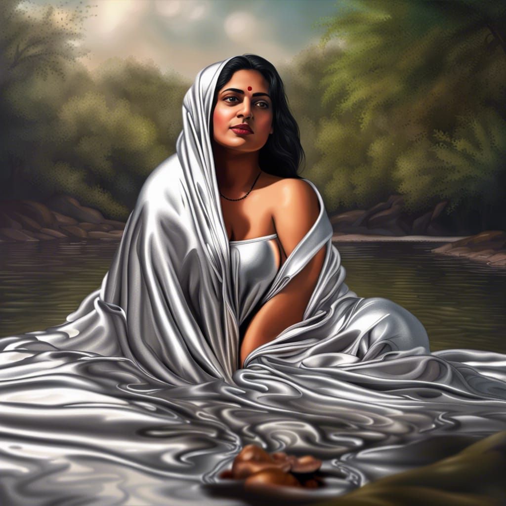 Hyperrealistic Portrait: Indian Woman Bathing in River