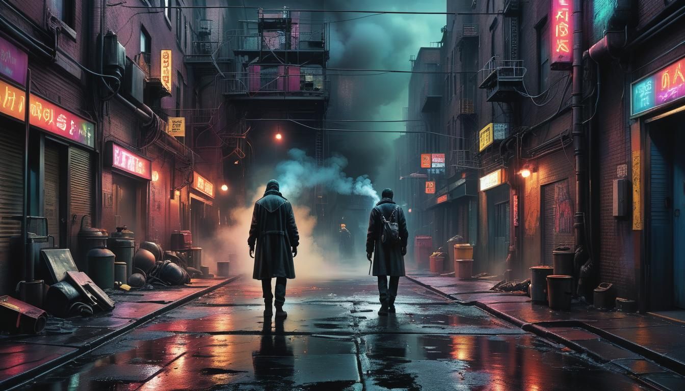 Dystopian Hacker in Neon Cityscape as Watercolor Art
