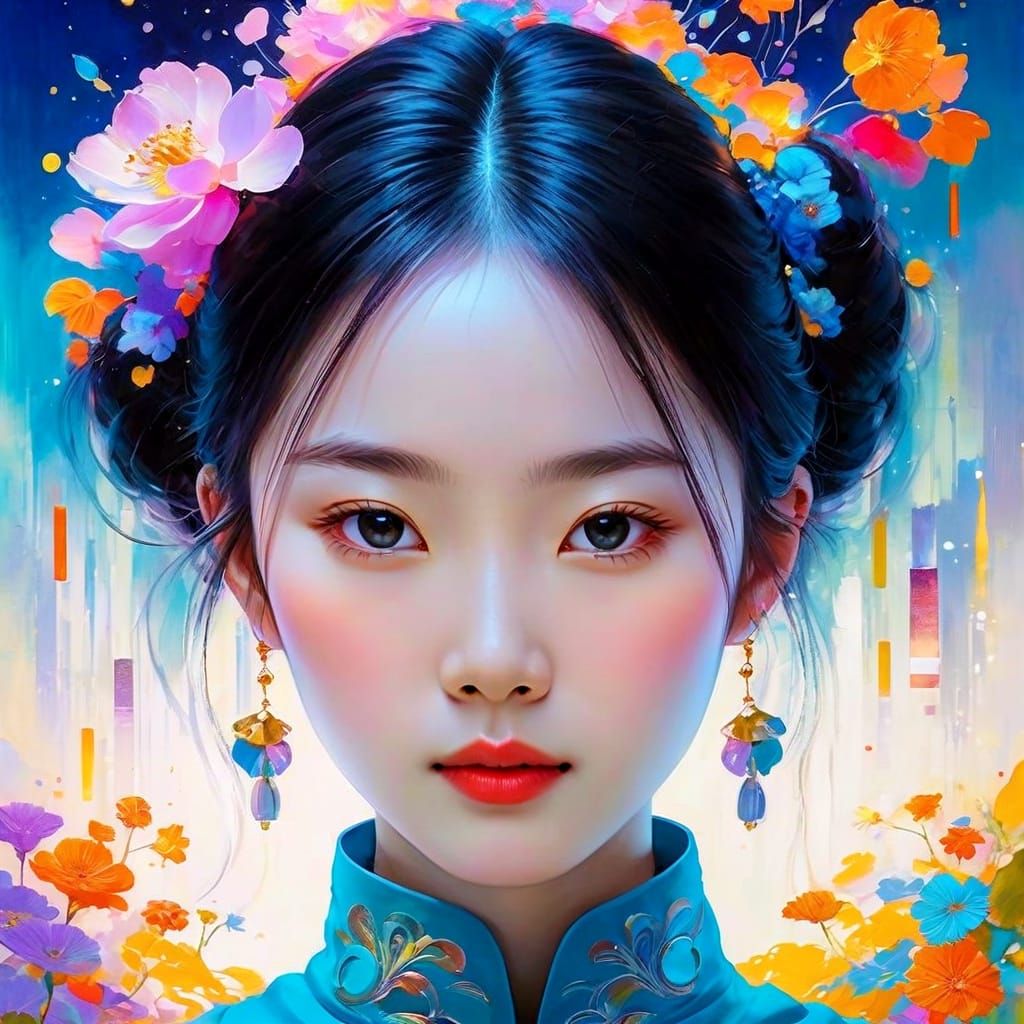 Surreal Asian Woman in Whimsical Watercolor Portrait