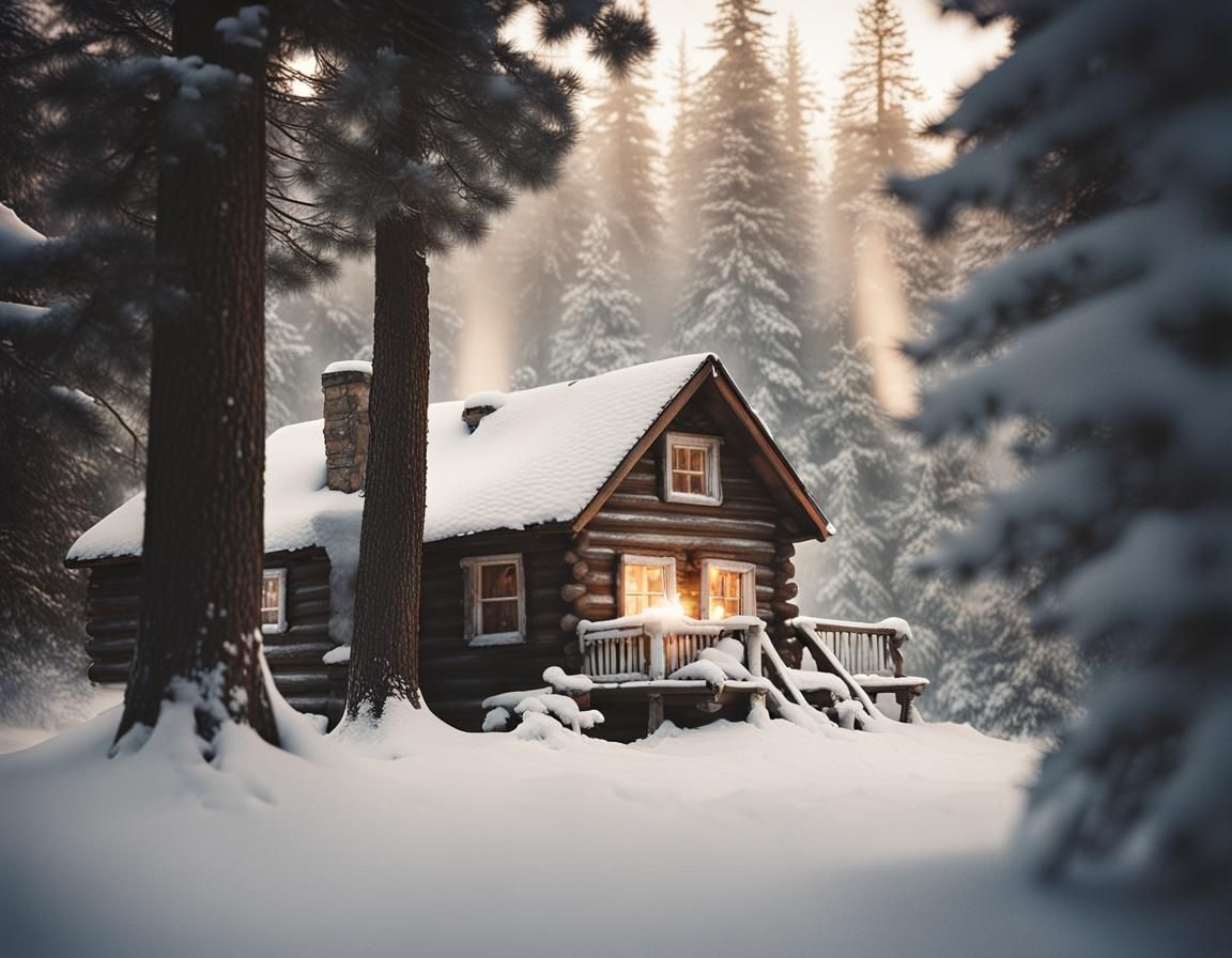 Cozy Winter Cabin in Vintage Photographic Style