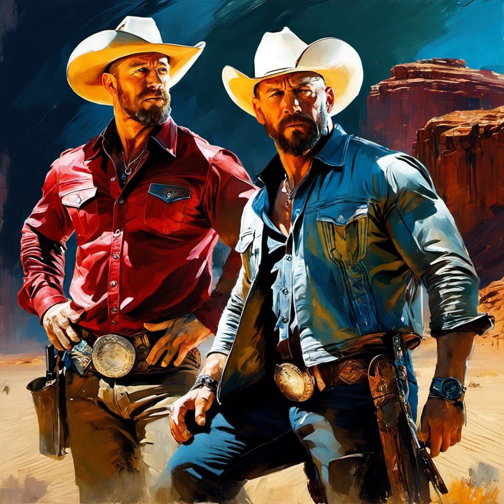 Cowboys in Desert: Dramatic Oil Painting
